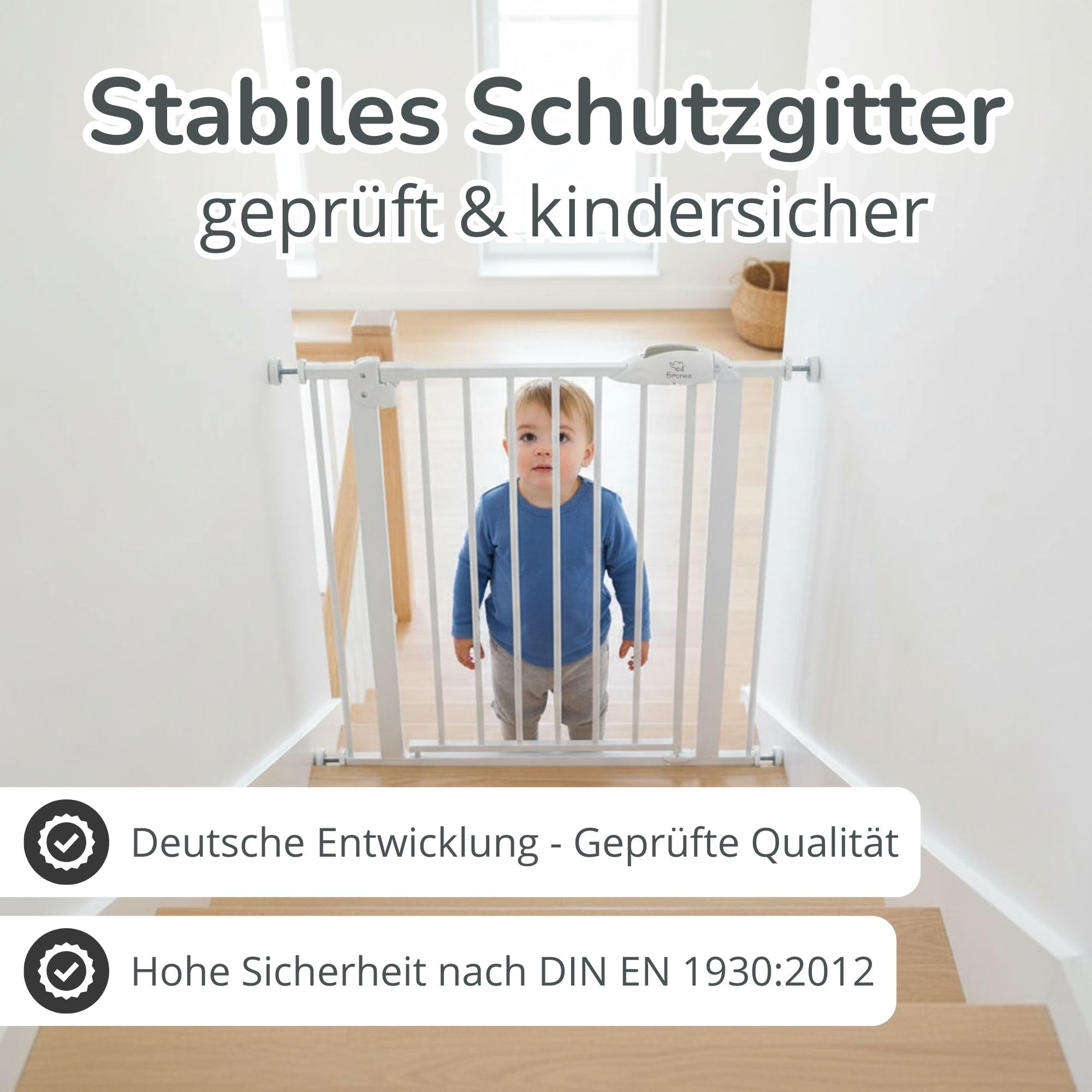 Cleo Treppenschutzgitter ohne Bohren | Kinderschutzgitter Tür & Treppe 89-96 cm | Auto-Close | 3-Schritt-Sicherung | beidseitig öffnend | verlängerbar bis 165 cm