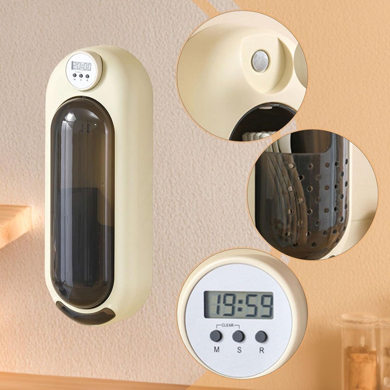 Chopstick Holder Storage Box with Detachable Timer, Wall Mount Utensil Organizer with 360° Rotating Door, 15.35 inch Kitchen Flatware Storage- Gray