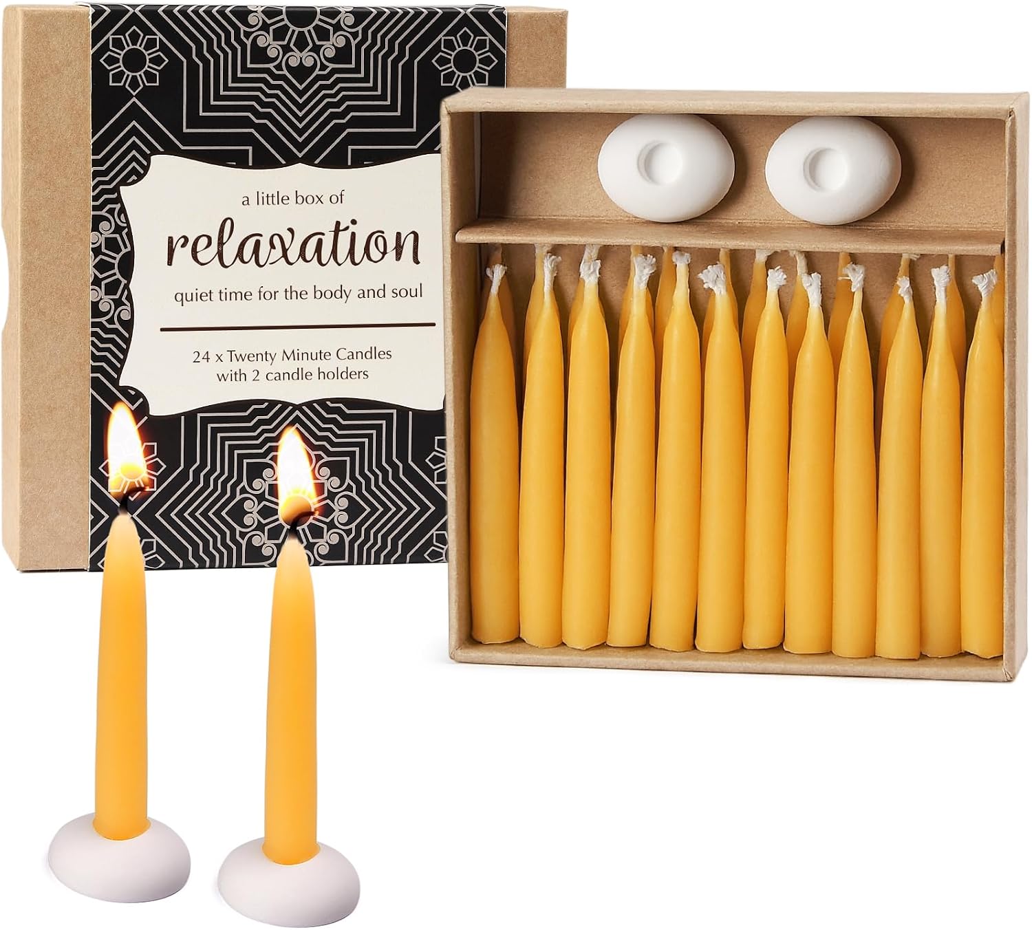 DEYBBY 20 Minute Beeswax Meditation Candles for Relaxation - 24pcs Mini Beeswax Taper Candle Gift Set with 2 Small Candle Holders