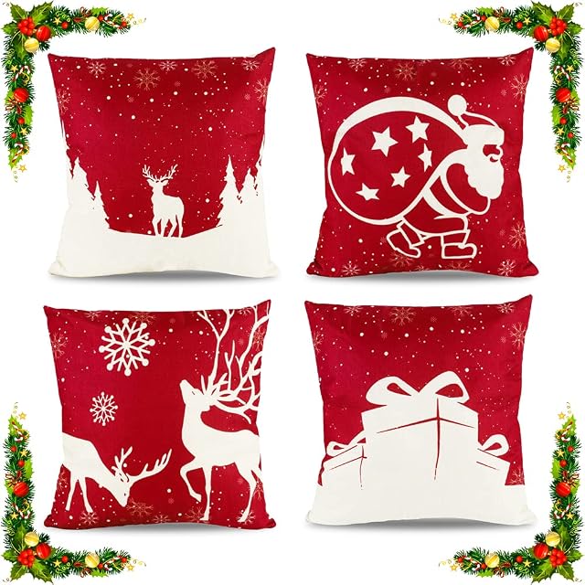 Wulcea Christmas Design Cushion Cover 18 X 18 Throws Set of 4 Square Xmas Pillow Case Pack Uk Sale Red For Sofa Bed Room Decoration Accessories Linen 45 cm X 45 cm Decor indoor Gifts Sale