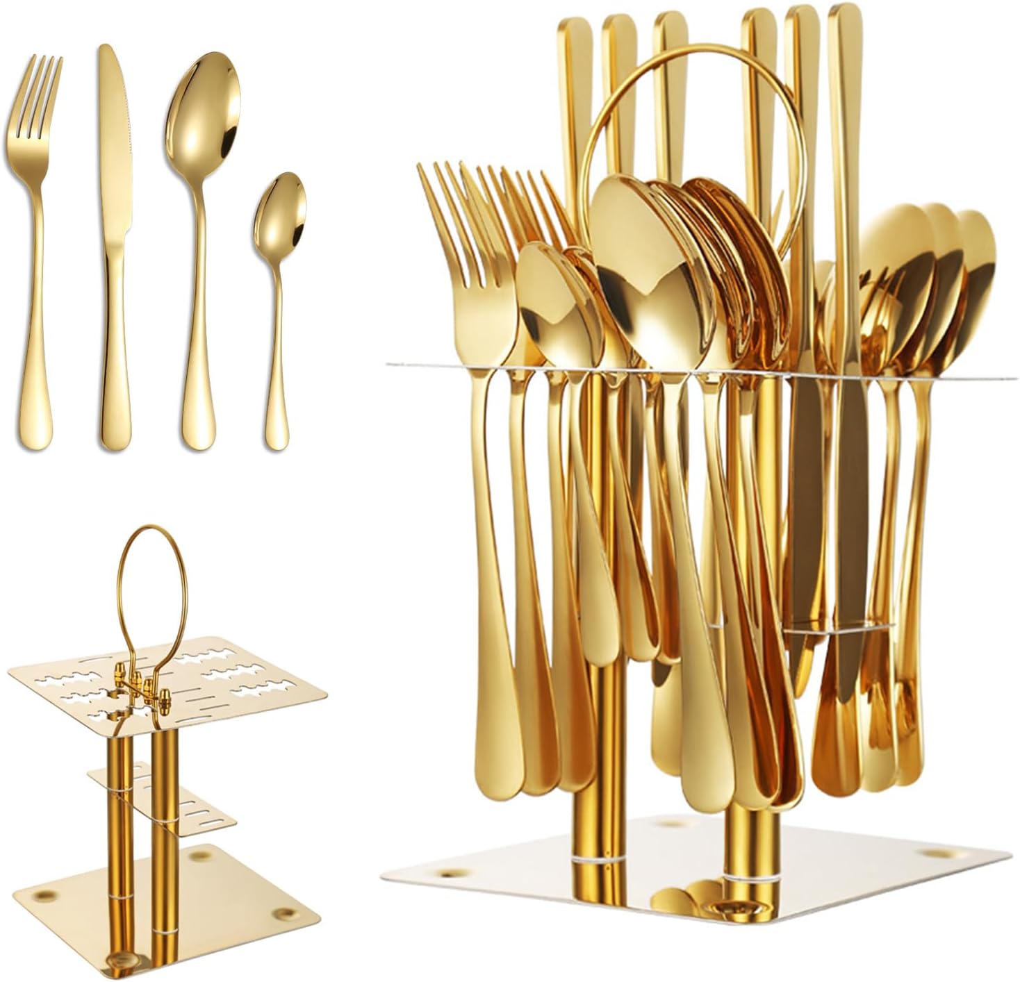 24pcs Silverware Set, Stainless Steel Flatware Set with Holder, Mirror Polished Kitchen Utensils Set Service for 6, Reusable Hanging Cutlery Set Include Spoons Forks Knives, Dishwasher Safe (Gold)