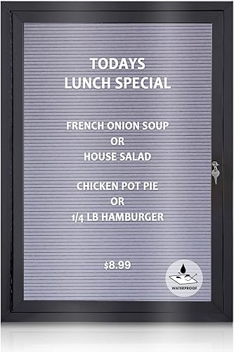 Tableros de letras intercambiables cerrados, tablero de mensajes para exteriores con puerta de bloqueo, fieltro gris, marco de aluminio negro, 36 x