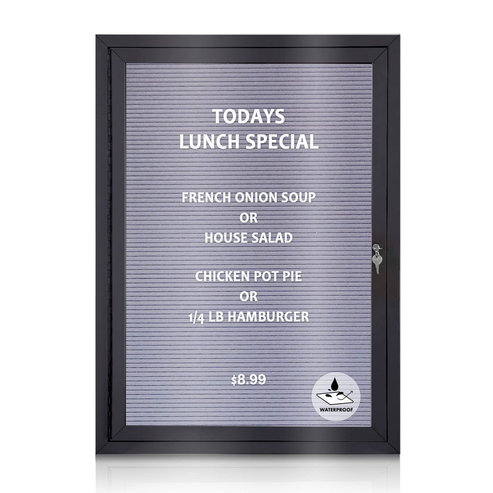 Photo 1 of EVERSUPPLY Enclosed Changeable Letter Boards Outdoor Message Board with Locking Door, Grey Felt, Black Aluminum Frame, 36 x 24 in Outdoor-36x24 in B-Grey