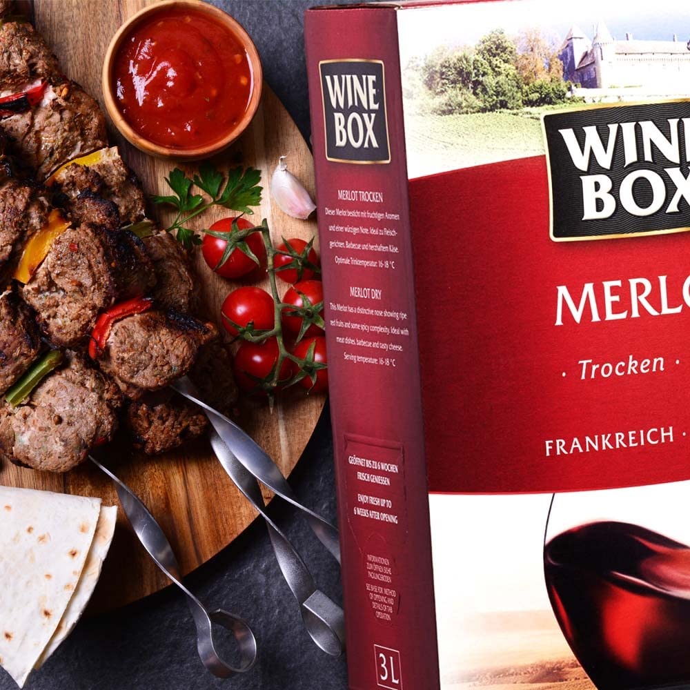 Wine Box Merlot, trocken, Bag-in-Box, sortenreines Weinpaket + VINOX Winecards (4x3,0l)