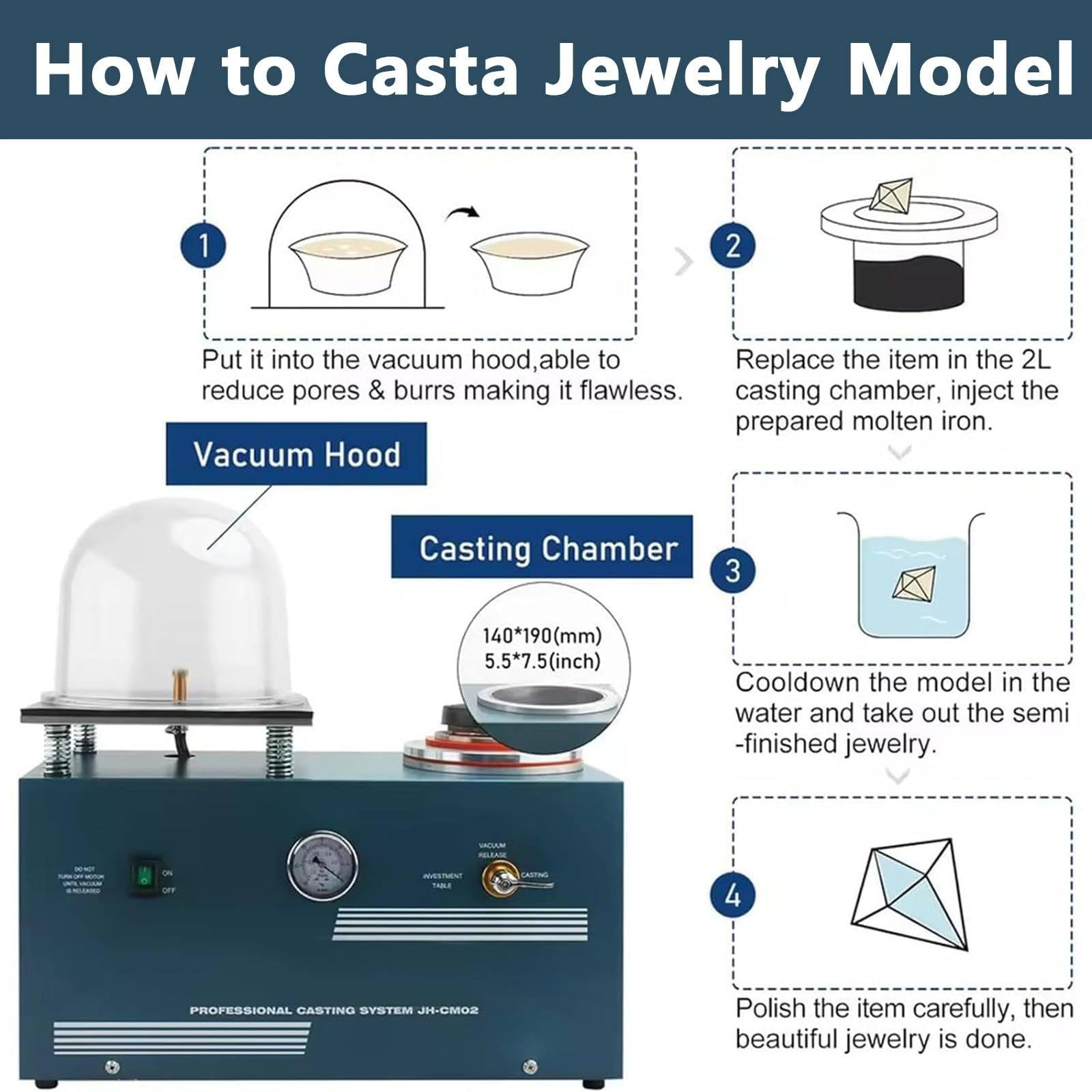 Vestcasting - Máquina de fundición al vacío de joyería de 2 litros con tarro de campana, diseño de ventilación para evitar daños por líquidos para la fabricación de joyas de alta densidad