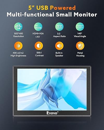 Miniatura 2 de Eyoyo Monitor de 5 pulgadas, 800x480 Mini TFT LCD Pantalla Pequeña Cámara Monitor de Vídeo 14 Agujero de Tornillo con Entrada de Video HDMIVGAAV