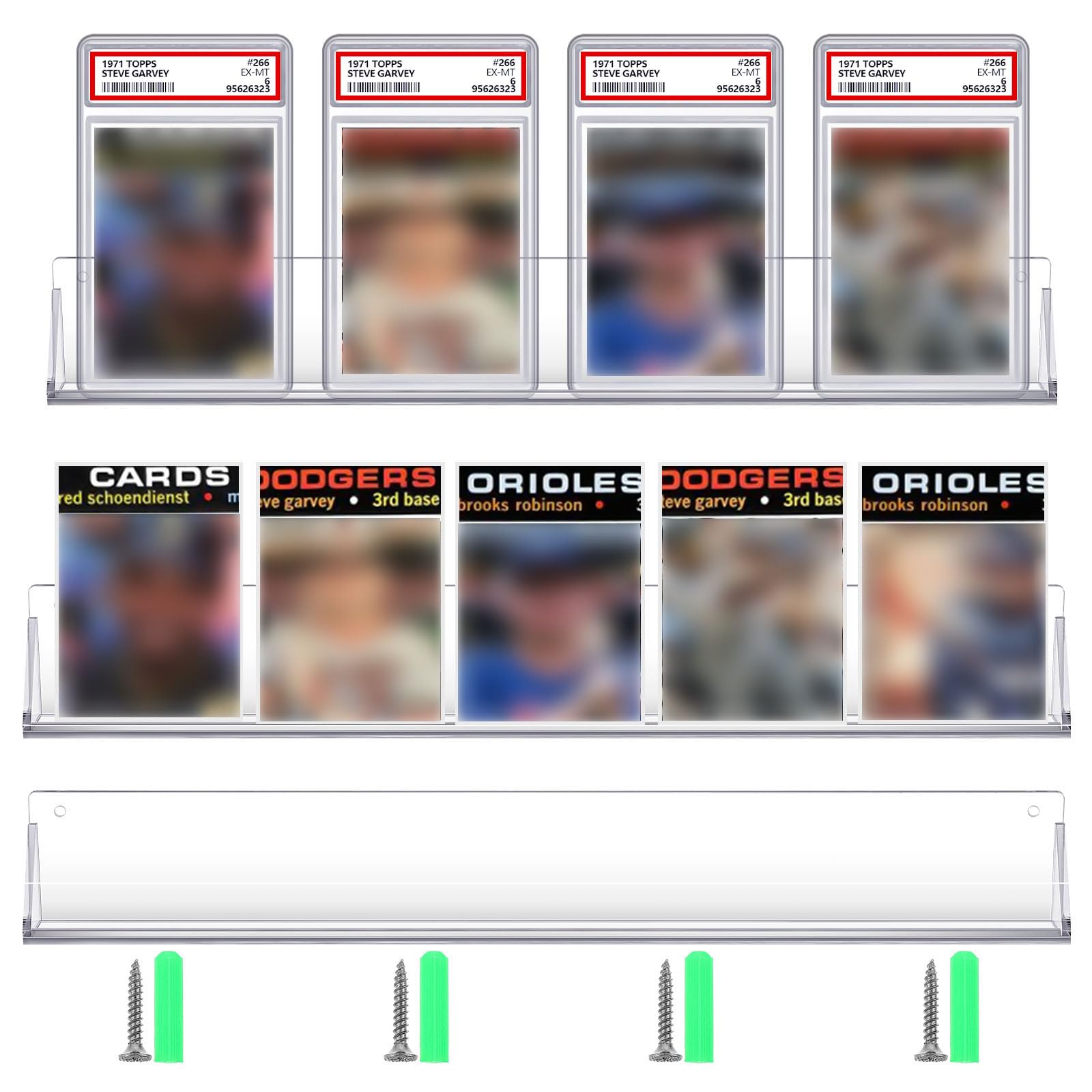 Threehoney 2 Pcs Sports Baseball Card Display Shelf Wall Mount, Each Holds 4 Graded Cards or 5 Trading Cards, Acrylic Display Case Sleeved Compatible with Psa SGC Graded Tradin