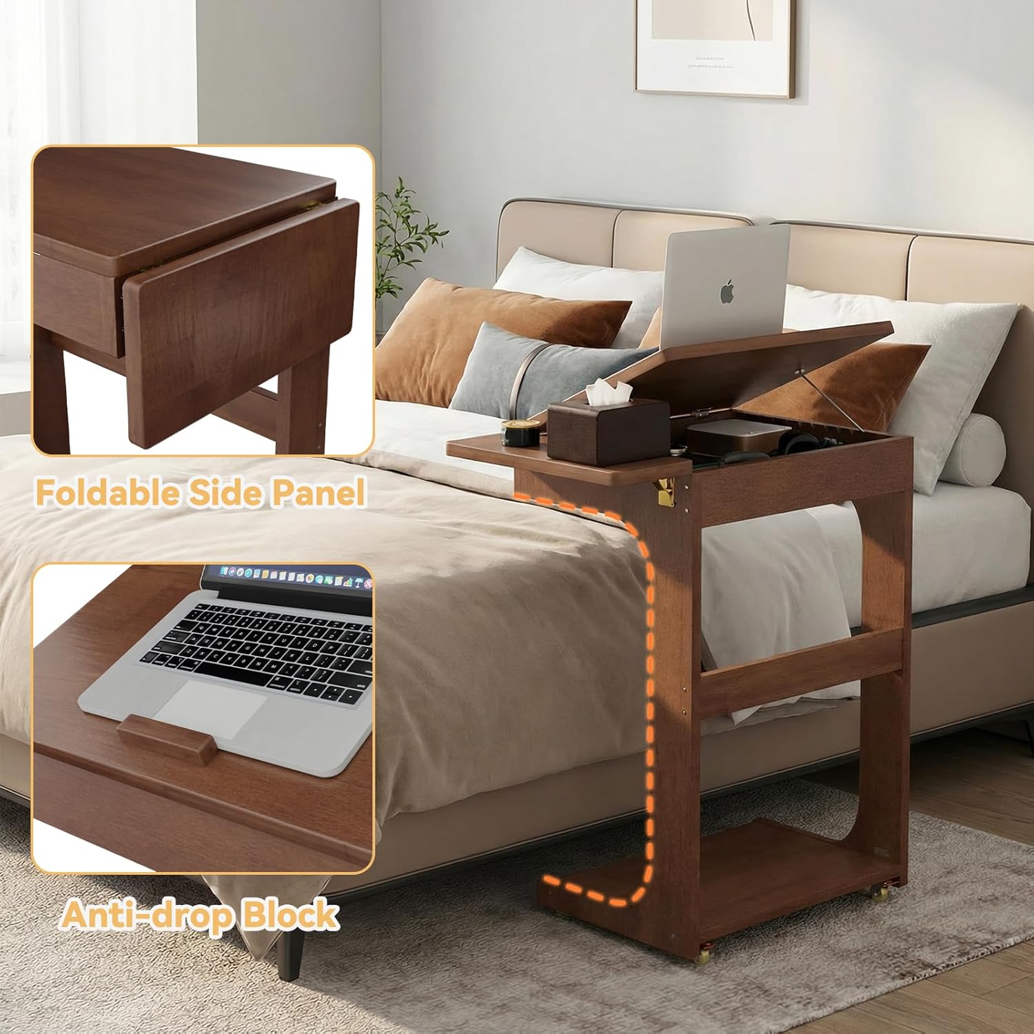 C-Shaped End Table, Solid Wood Rolling Side Table with Lockable Wheels, Couch Tables with Adjustable Desktop &Multi-functional Folding Tray, Small Side Table for Couch, Living Room, Bedroom Tall 30"