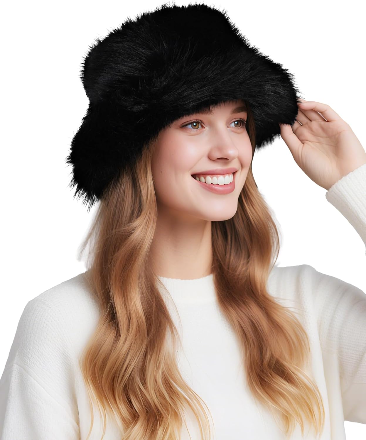 BFONS Women's Faux Fur Wide Brim Bucket Hats Winter Soft Warm Fuzzy Hat Plush Fashion Fluffy Fisherman Cute Cap 2026 - Image 2