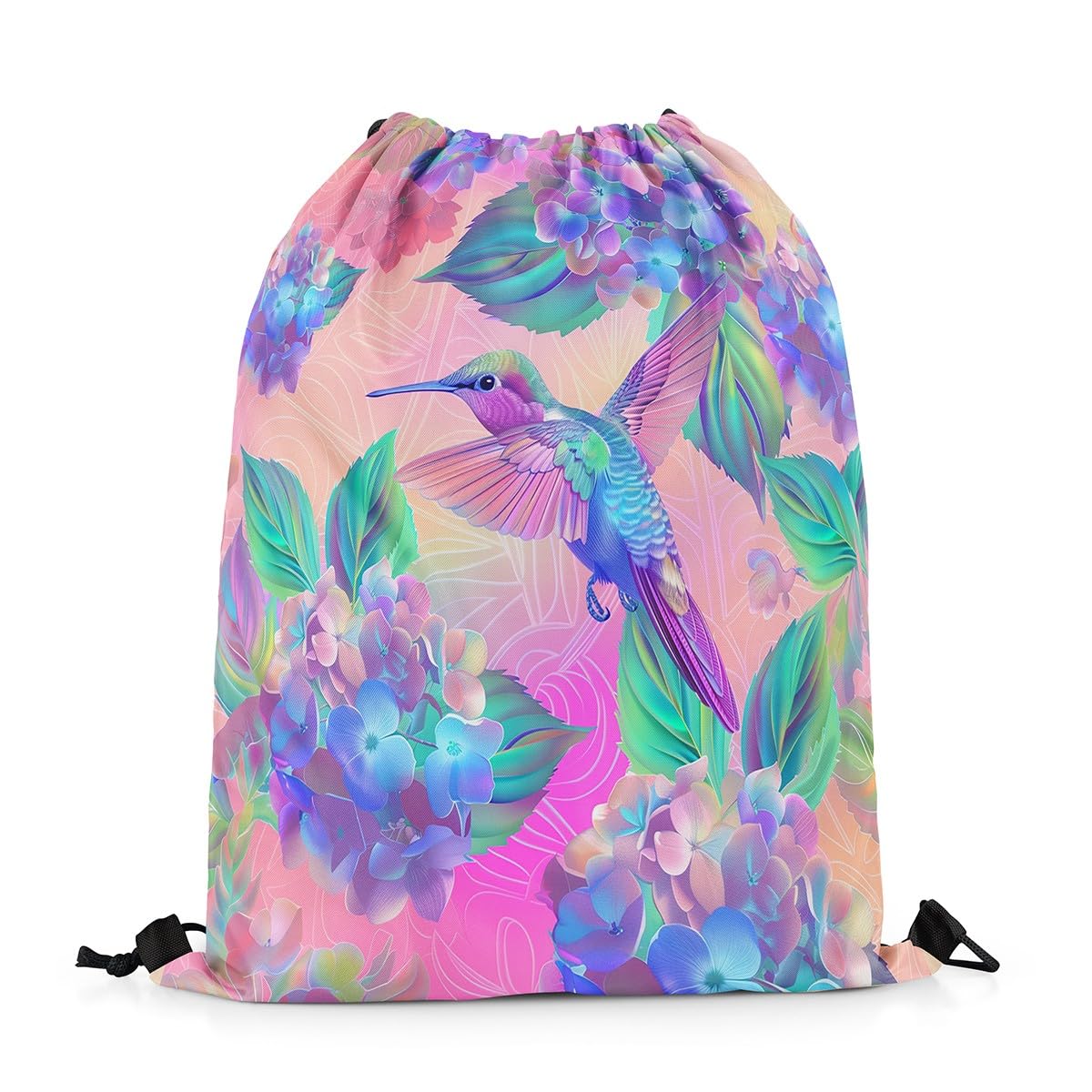 Homewish Hydrangea String Backpack Pink Purple Floral Drawstring Backpack 33 x 40 cm Tropical Hummingbird Draw String Back Bag Tie Dye Aesthetics Drawstring Bags Spring Summer theme Cinch Bag