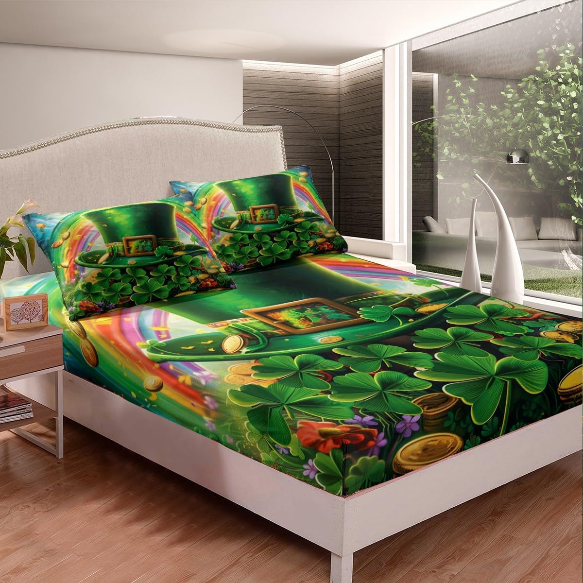 St. Patrick's Day Fitted Sheet Queen Size Green Hat Bedding Set Green Leaf Sheet Set,Rainbow Bed Cover Ultra Soft Breathable Bedding 3 Pcs for Kids Teens Boys