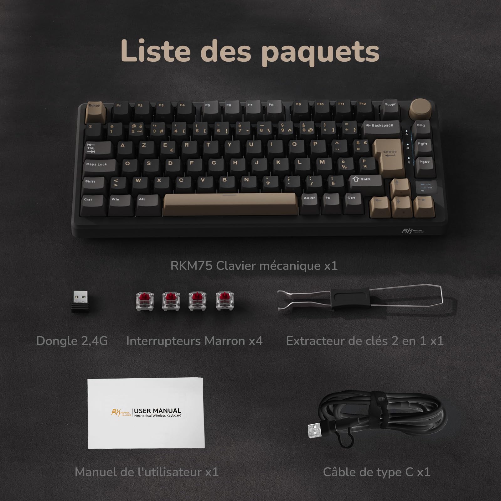 RK ROYAL KLUDGE M75 Clavier Mécanique sans Fil, Azerty BT5.0/2.4G/USB-C Compact 75% Clavier Gamer Mécanique avec écran Intelligent OLED et Bouton Rétroéclairage RVB, Interrupteur Rouge, Grey