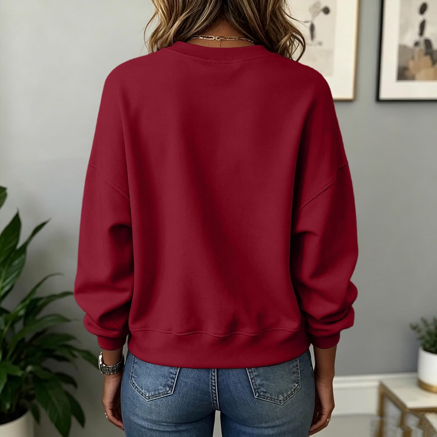 Women Crew Neck Drawcord Hem Shirts Drop Shoulder Sleeve Casual Top