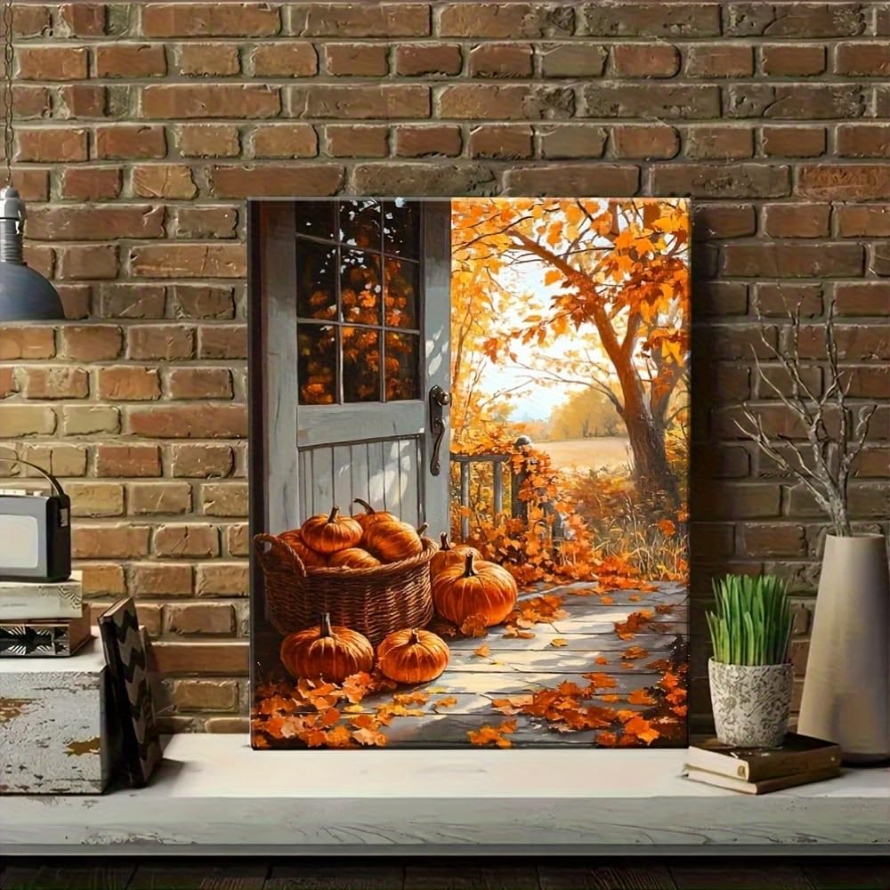 CWZBFEH Elegant Canvas Wall Art, Beautiful Painting of an Autumn Porch with Pumpkins And Leaves, Home Decor(50x70cm/No frame)