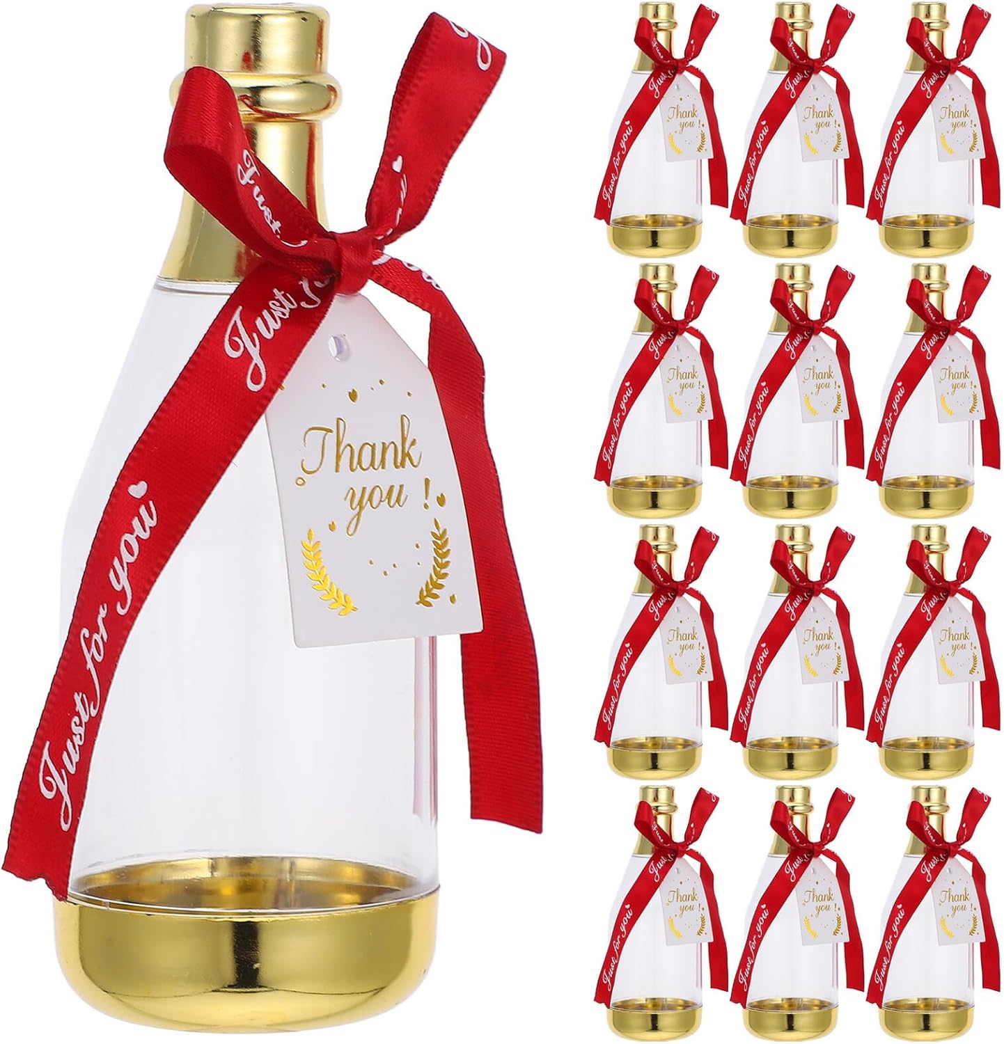FRCOLOR 12pcs Acrylic Mini Bottle Candy Containers with Burgundy Ribbon Wedding Favor Boxes Bridal Party Candy Holders for Birthday and Wedding Events