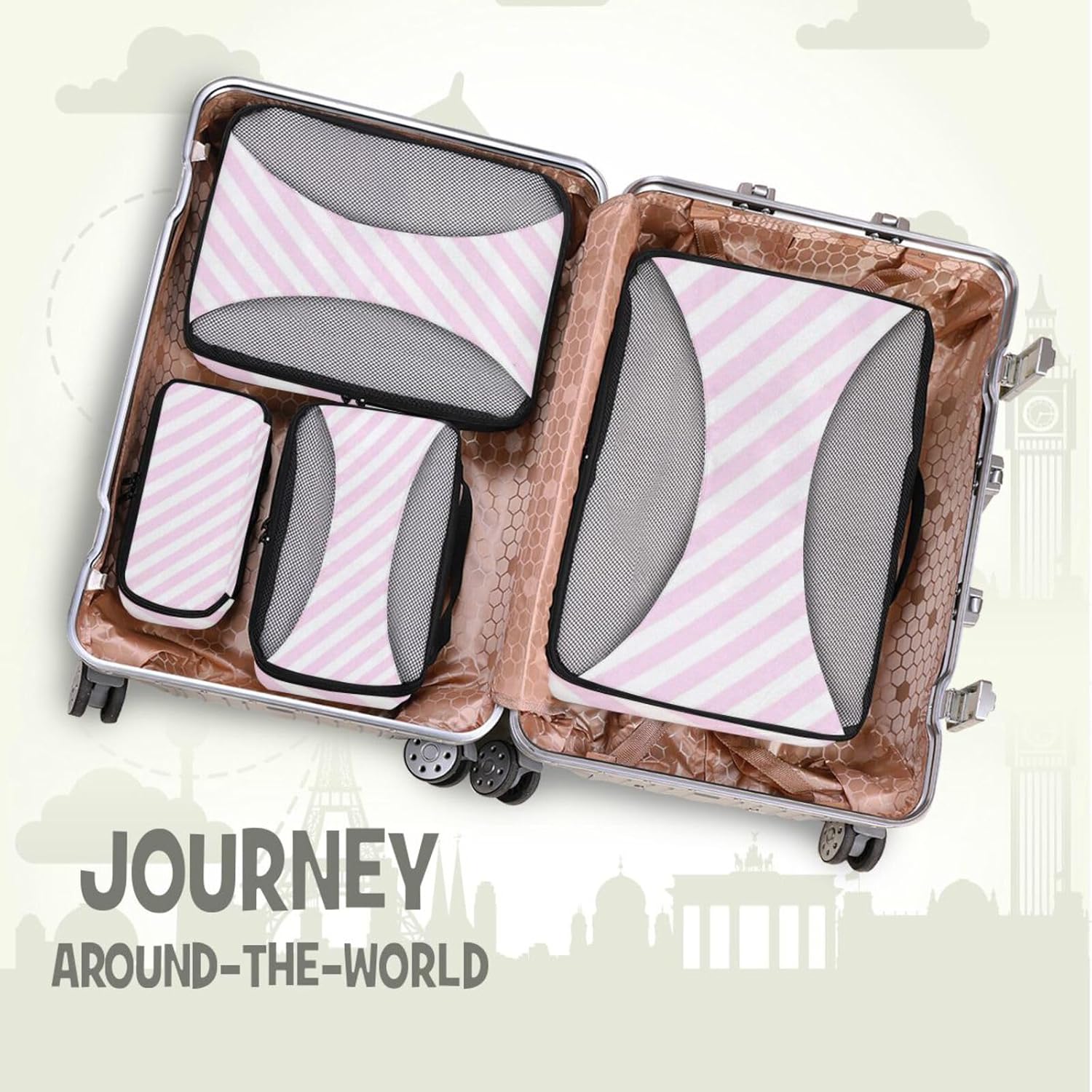 Pink Diagonal Stripe 4 Pcs set organizers and storage Mesh Travel Essentials portable packing cubes set