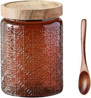 HSTWODE Tarro de cristal con tapa de madera, recipiente de cristal de 700 ml y cuchara de madera, azucarero en relieve, tarros de cristal para granos de café, té suelto, azúcar (marrón 2)