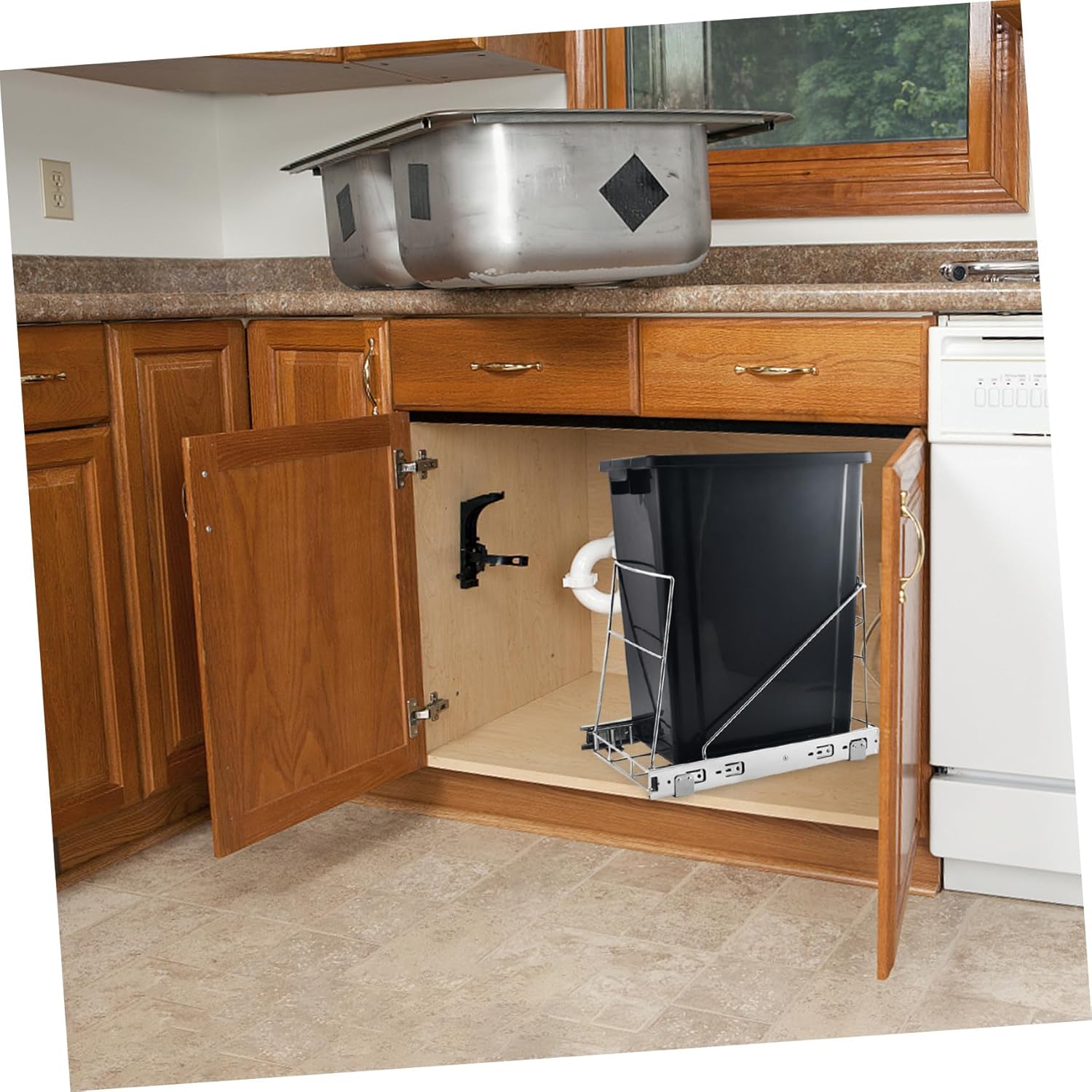 Adjustable Pull Out Slide-out Shelf for Kitchen Trash Can Under Cabinet Easy Install Pullout Slider for Under Sink Garbage Bin Strong Stable Structure for Home Kitchen Organization