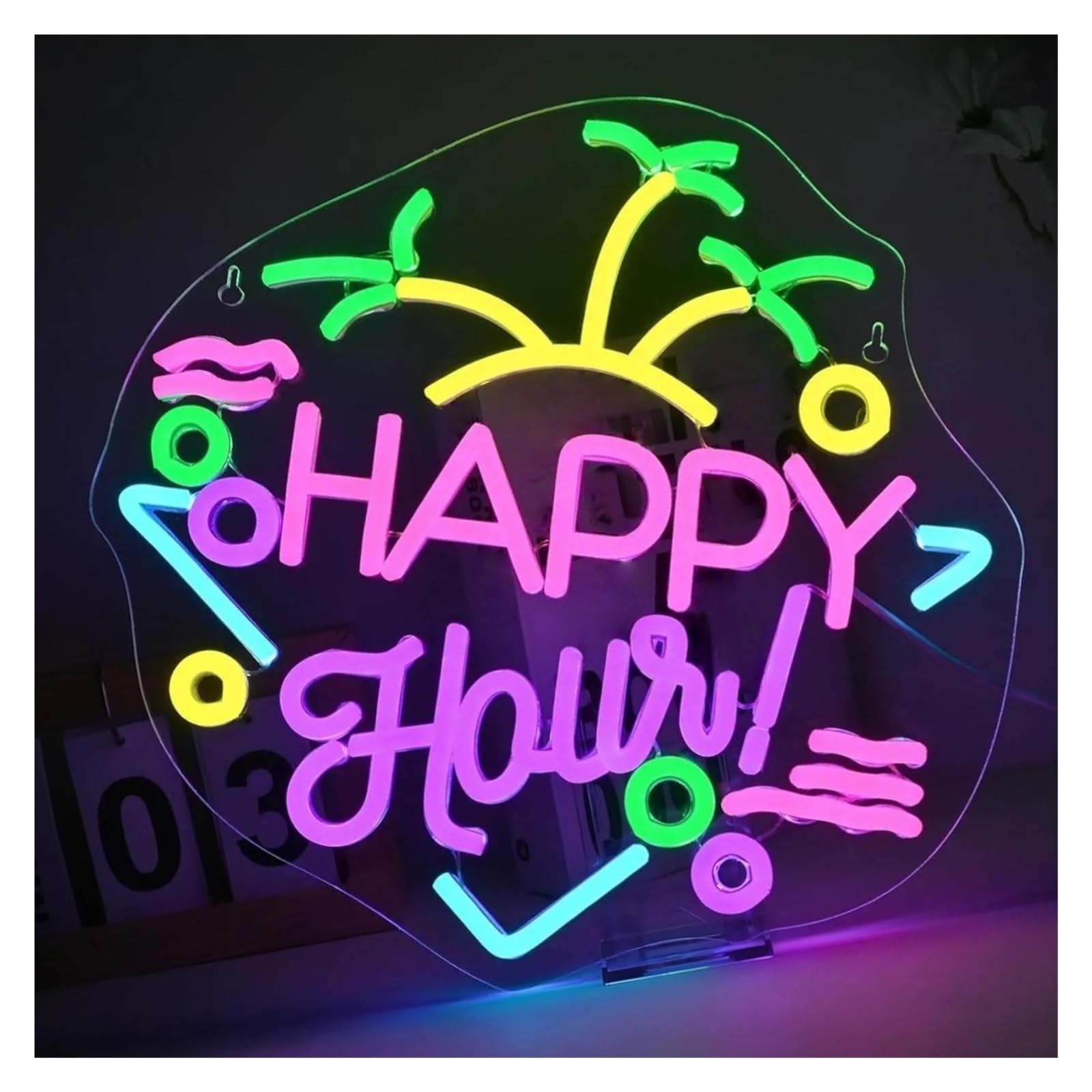 RONGCH Hanging Art Neon Signs Happy Hour Neon Sign Dimmable LED Light for Bar Game Room Beach Bar Man Cave Home Decoration 39.6cmx38.4cm