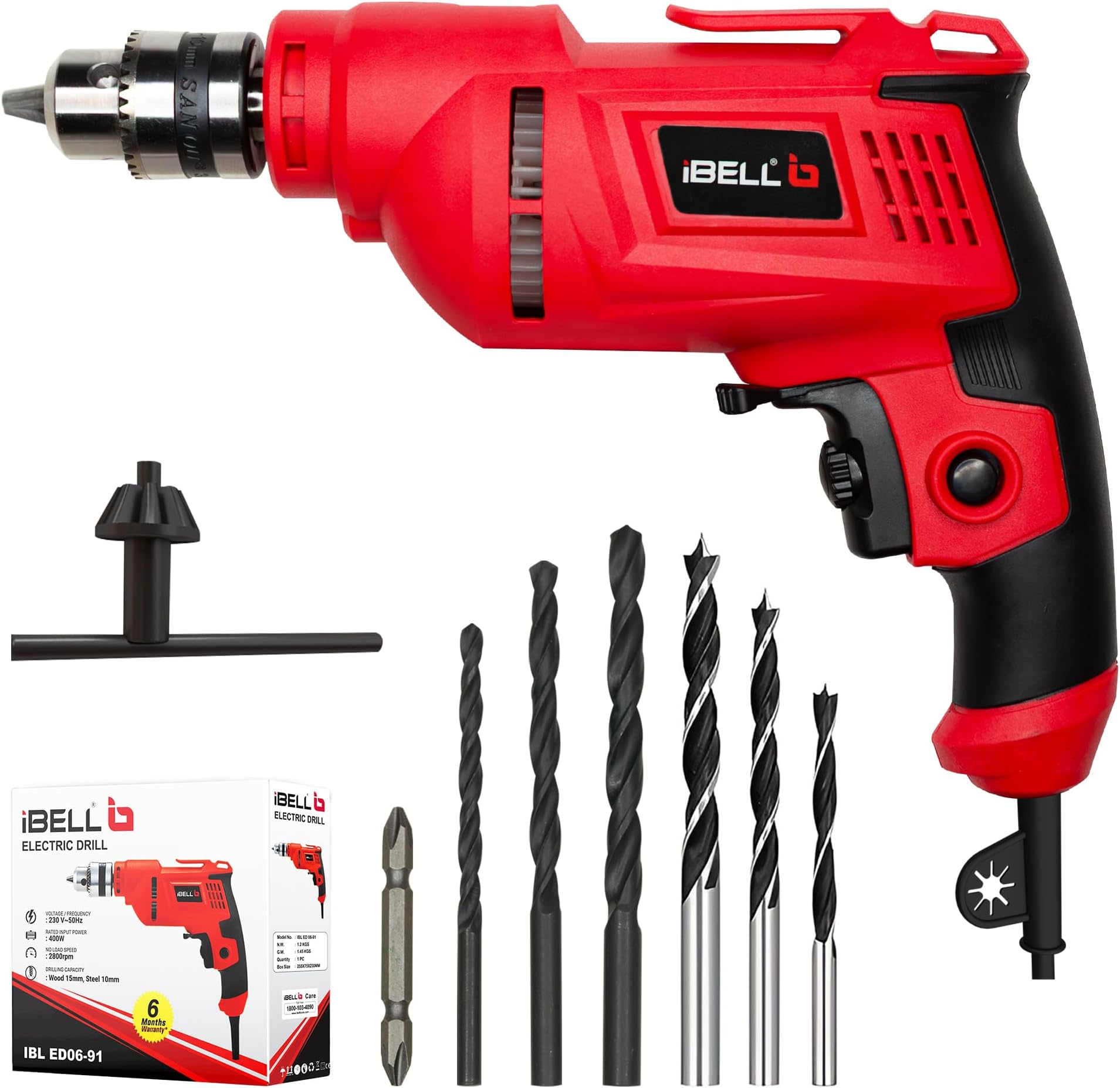 IBELL Electric Drill ED06-91, 400W, Copper Armature, 2800 RPM, Chuck 10 mm Forward/Reverse for Wood & Metal Work with Variable Speed Control