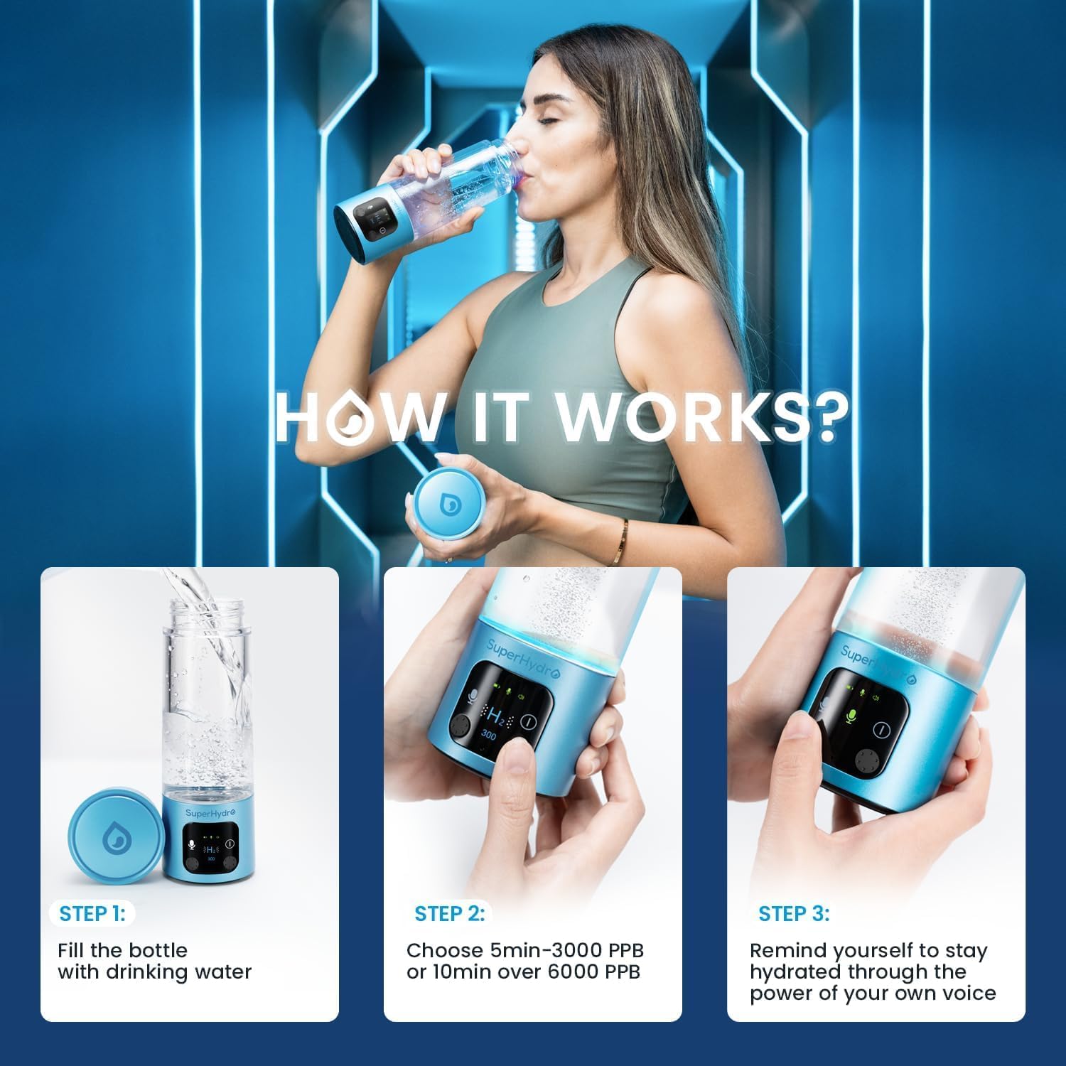 Superhydro Portable Hydrogen Water Bottle-12 oz Hydrogen Water Generator with SPE/PEM Technology, Up to 6000 PPB, Voice Hydration Suitable for Daily Hydration Blue