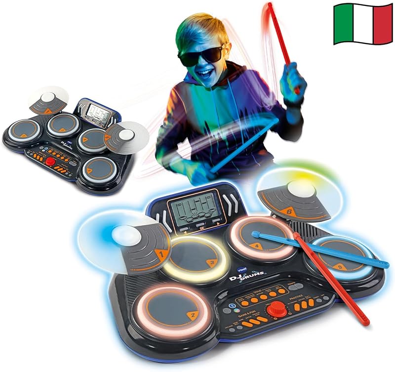 VTech Kidi DJ Drums, Batteria Elettronica per Bambini con Pad Luminosi, Giochi Musicali, Modalità Bluetooth e Microfono Integrato, Bacchette Incluse, Lingua Italiana, Batterie Incluse, 6+ Anni