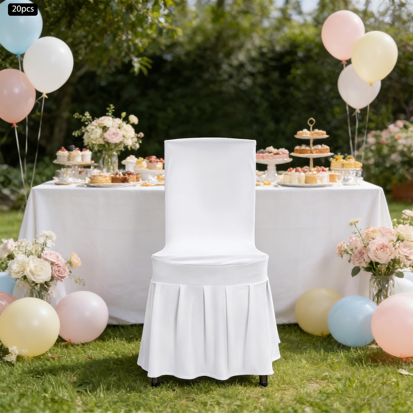 Stuhlhussen mit Skirting Faltenrock Polyester Spandex Universelle Waschbare Stuhlabdeckung Stretch Slipcovers für Hochzeit Party Essen Bankett Stuhl Dekoration, 20 Stück