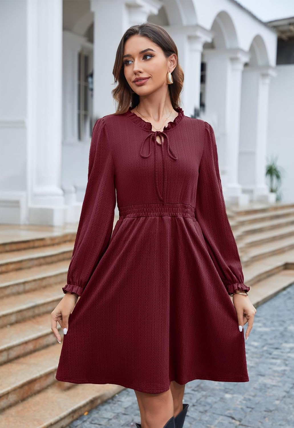 Alaster Queen Women's Fall Long Sleeve Dress Knit Ribbed Tie Front A Line Casual Ruffle Dresses with Pockets - Image 2