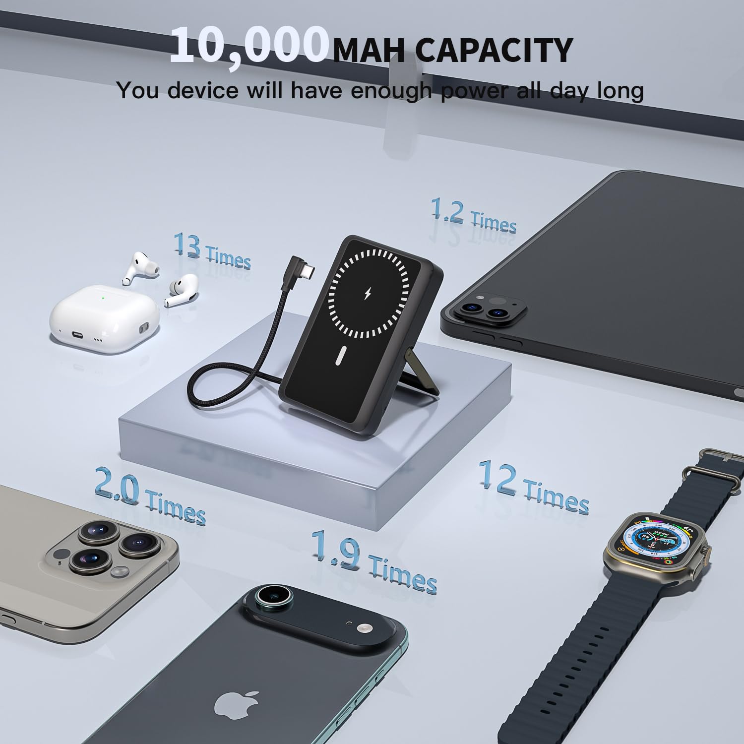10000mAh Magnetic Wireless Power Bank Fast Charging , Mag-Safe Protable Charger Bulit in USB C Cable and Stand 22.5W PD USB C Fast Charger,Magnetic Battery Pack for iPhone 17 Pro/17 Air/16/15/14/13/12 — view 6