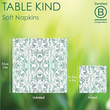 Table Kind 100 x Soft Paper Green Napkins | 2ply 33cm | Disposable Eucalyptus Party Wedding Serviettes Patterned Napkins for Everyday Use - Eco Friendly - Home Compostable - Recyclable -Made in EU