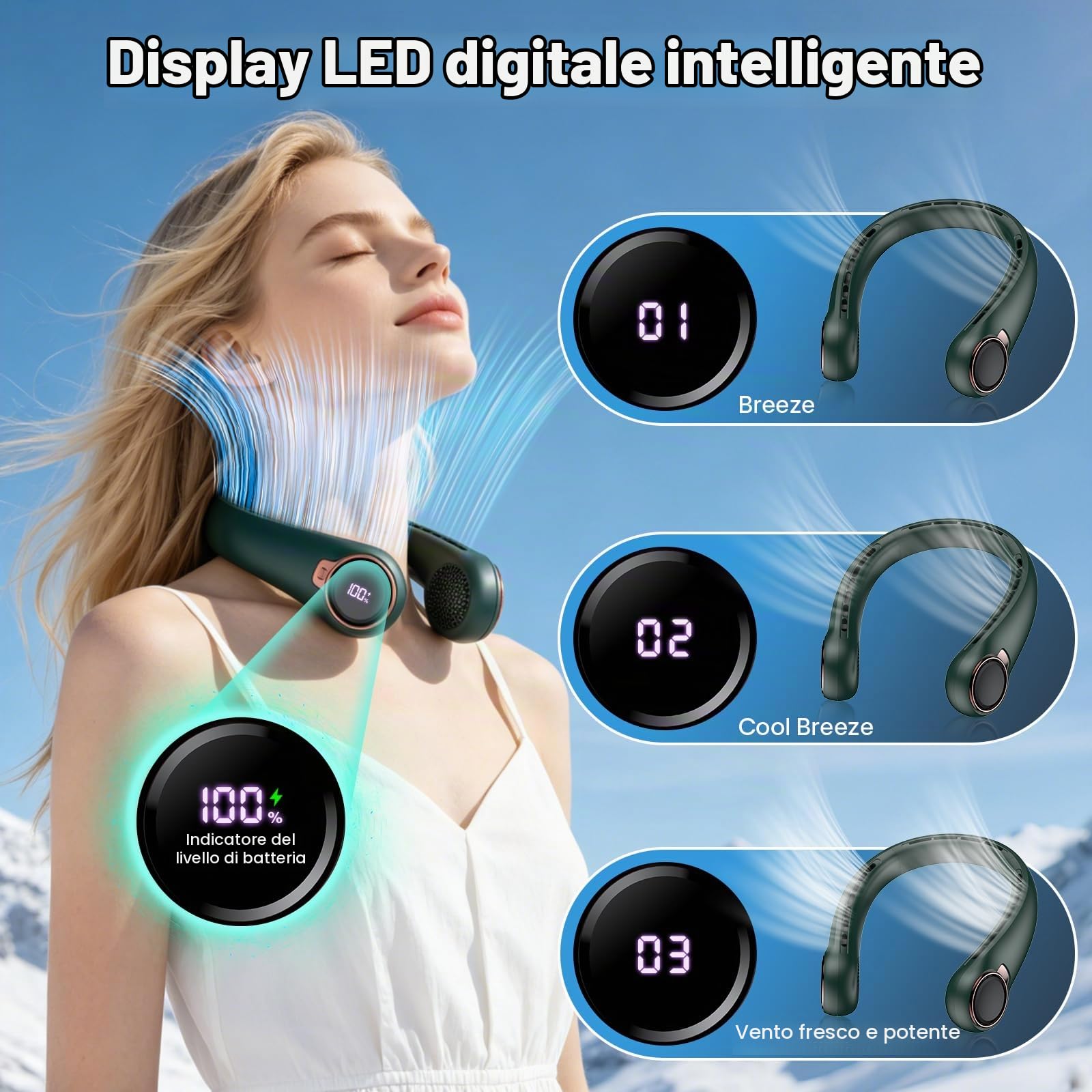 ACELIFE Ventilatore Collo Portatile Silenzioso 6000mAh Ultra Leggero Senza Pale con Display LED, Raffreddamento 360°, Ventilatore USB Ricaricabile, 3 Velocità Nero