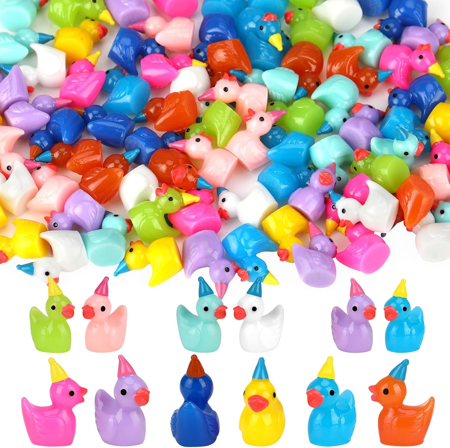 100 Pack Mini Resin Ducks, Multicolor Mini Ducks Wearing Party Hat | Tiny Duck Miniature Duck Figures Tiny Home Ornament for Micro Landscape Dollhouse Garden Aquarium Potted School Office