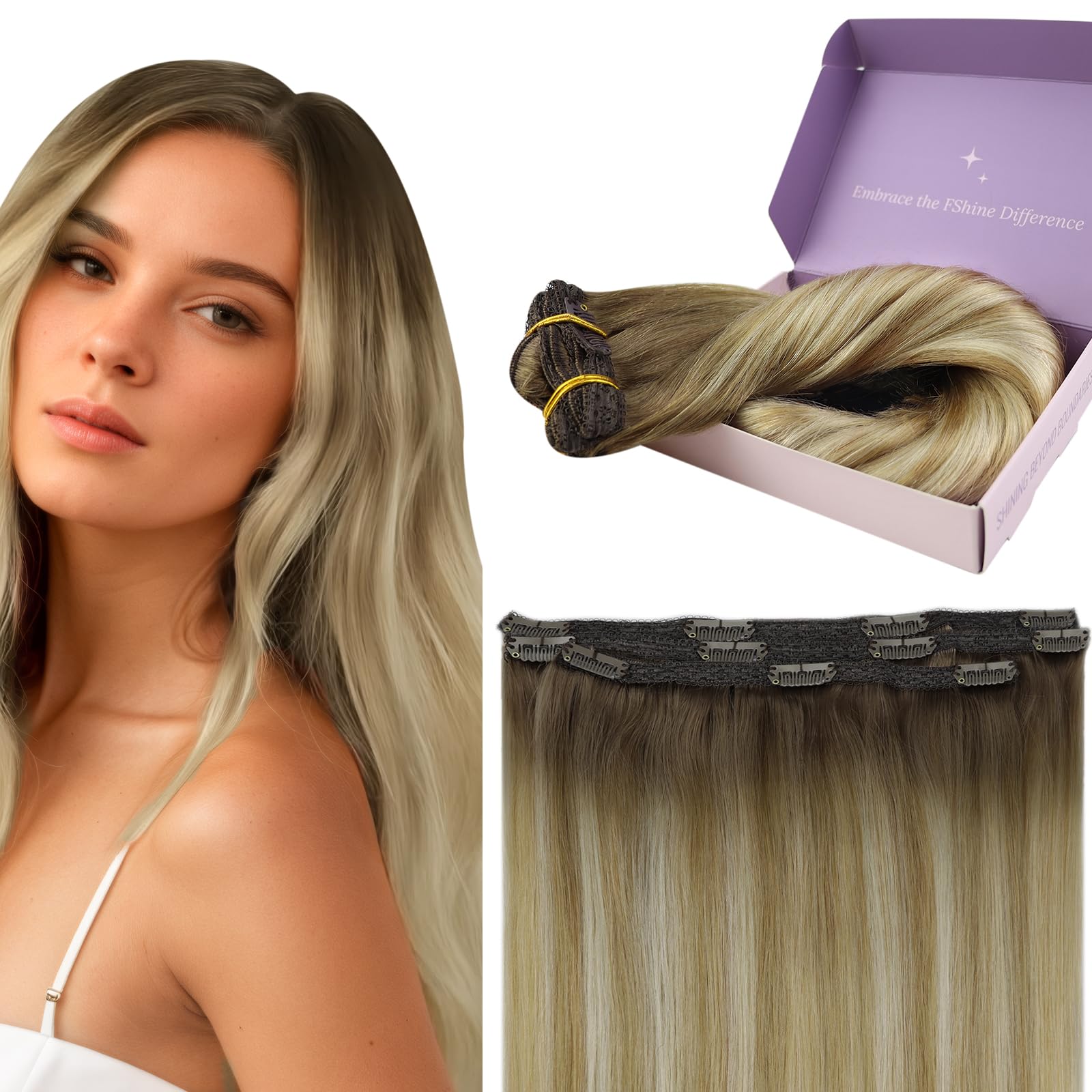 Fshine Extension Capelli Veri Clip 40.6cm 50g 3pcs Castagno Marrone Ombre Bionda Mix Platino Bionda Capelli Veri Umani Naturali Extension Capelli Veri