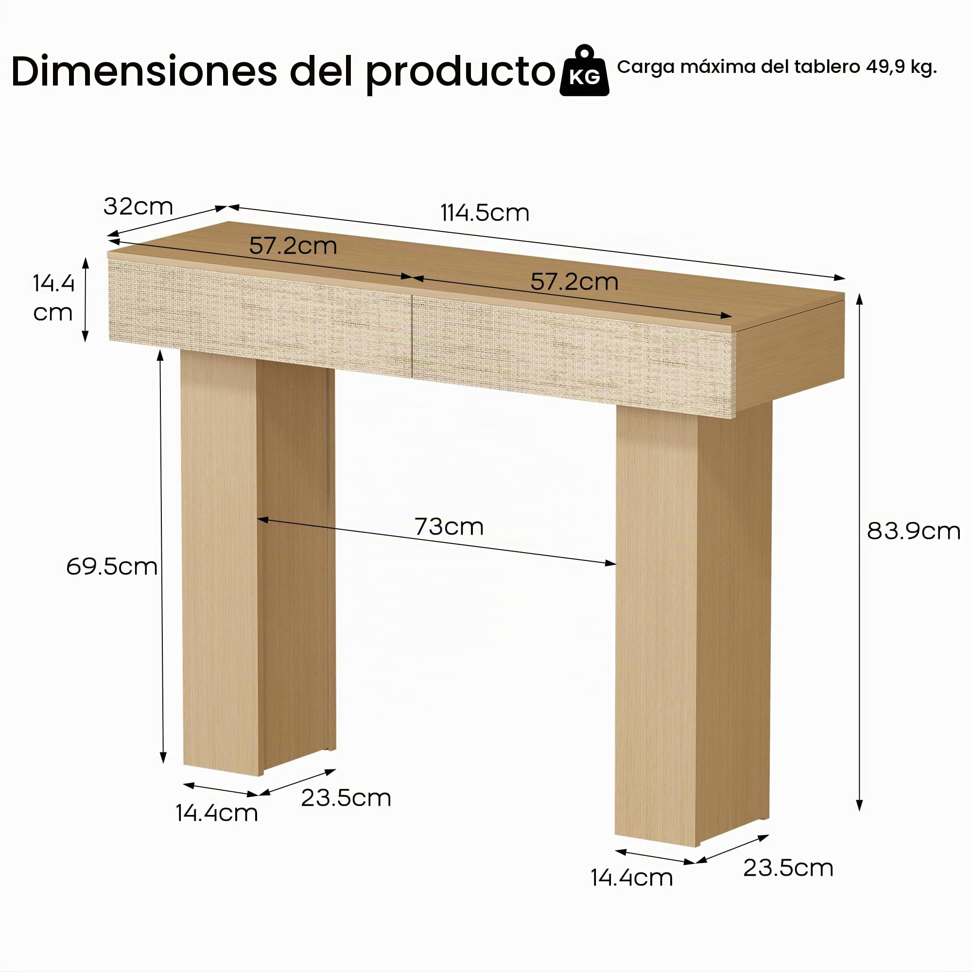 Consola con 2 Cajones de Rattan, 114 cm Mesa de Sofá de Madera con Almacenamiento, Mesa de Entrada Moderna para Recibidor, Pasillo y Salón
