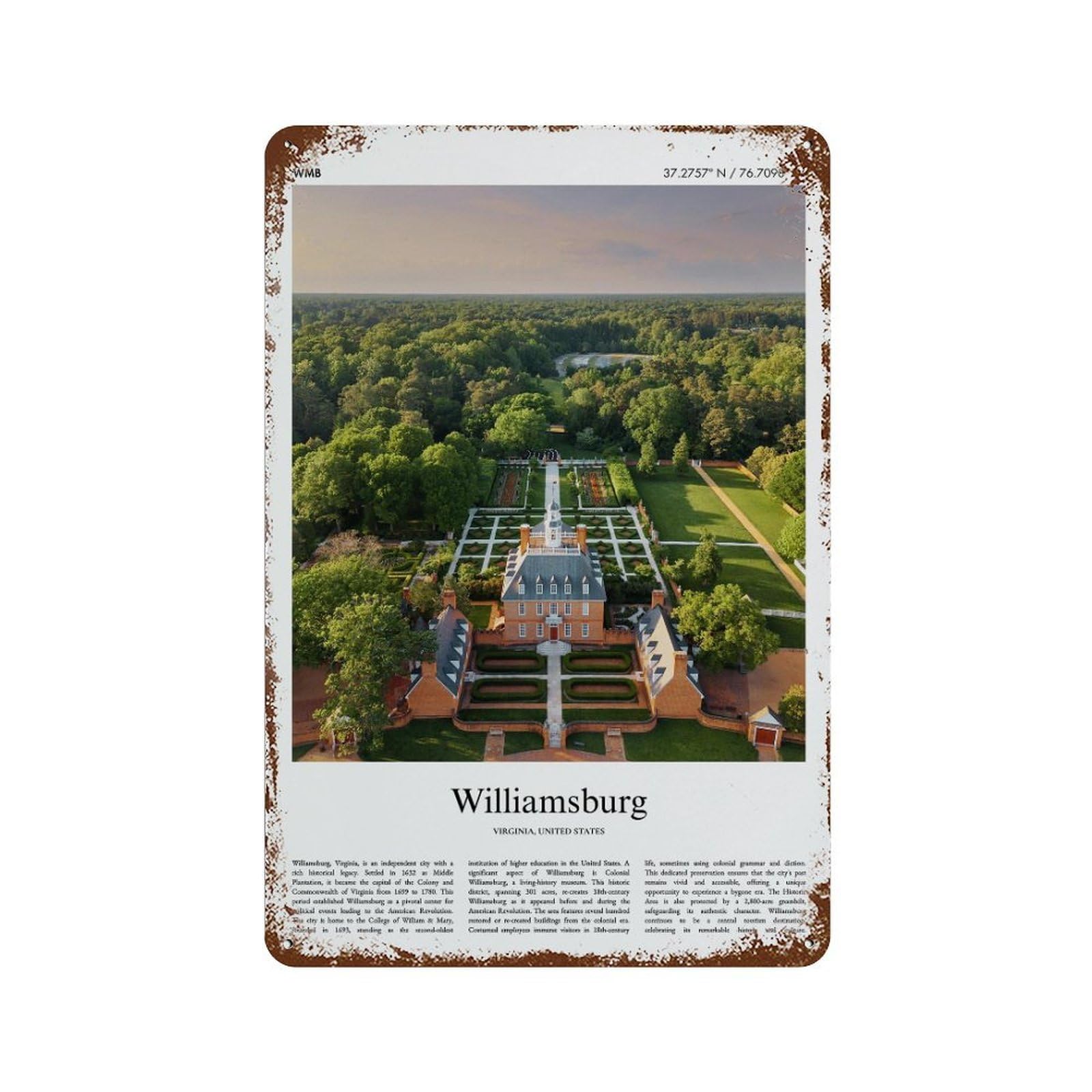 xiaoxiaoshen Williamsburg Virginia, United States, USA City Scenery Wall Decor Art Metal Tin Poster Modern Home Decor Art Home Bar Shop Decorations Vintage Sign 30x20cm
