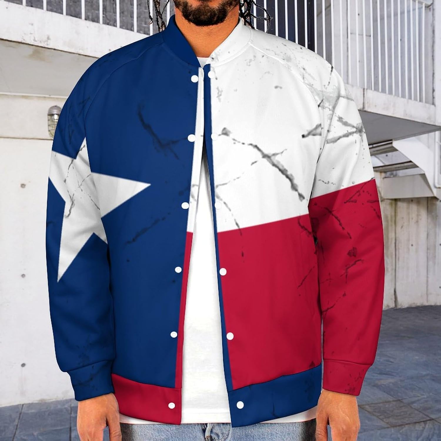 Texas State Flag Distressed Men's Baseball Jacket Casual Bomber Jacket Loose Letterman Coat