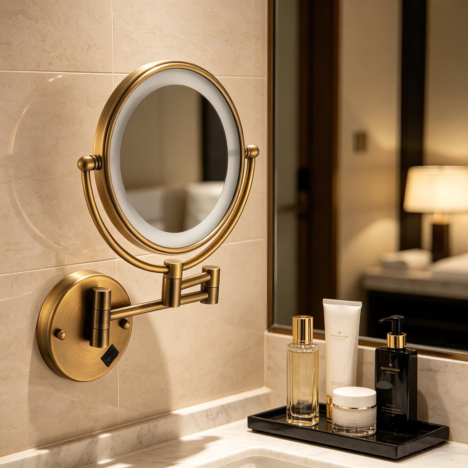 Specchio Trucco da Parete con Luci LED, 8" Bagno Specchio Ingranditore da Parete, Girevole a 360° Specchio Bagno, Acciaio Inox 1x/5x Specchio Estensibile per Make-up e Rasatura,Antique Bronze