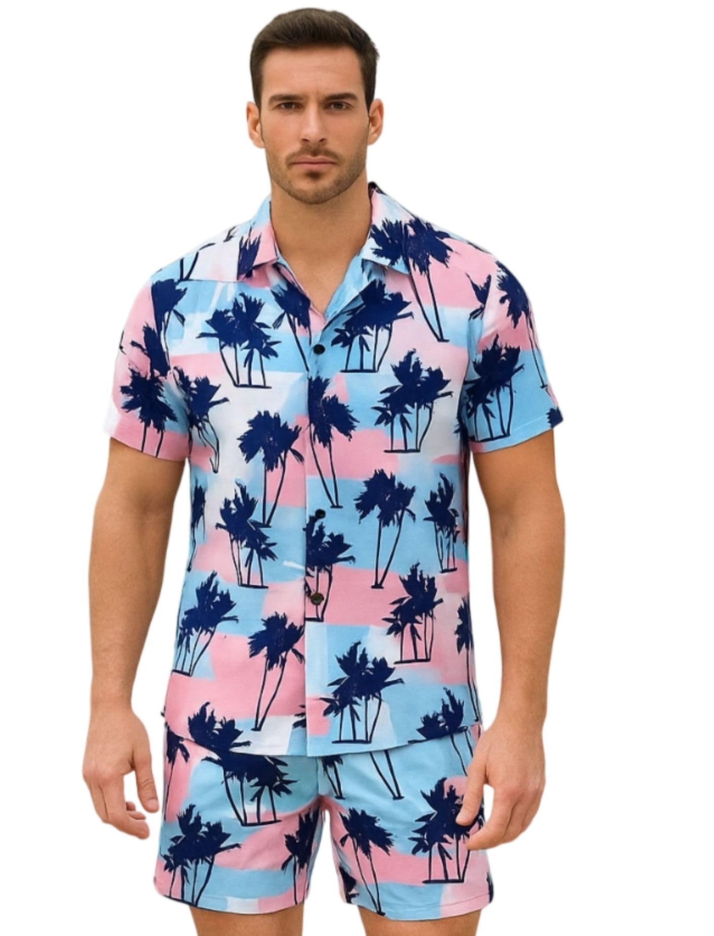 Men’s Printed Co-Ord Set | Plus Size Casual Shirt & Shorts Set | Nightwear Pajama Suit, Loungewear, Beachwear & Vacation Outfit Design No NS Pink Coconut-picture-48