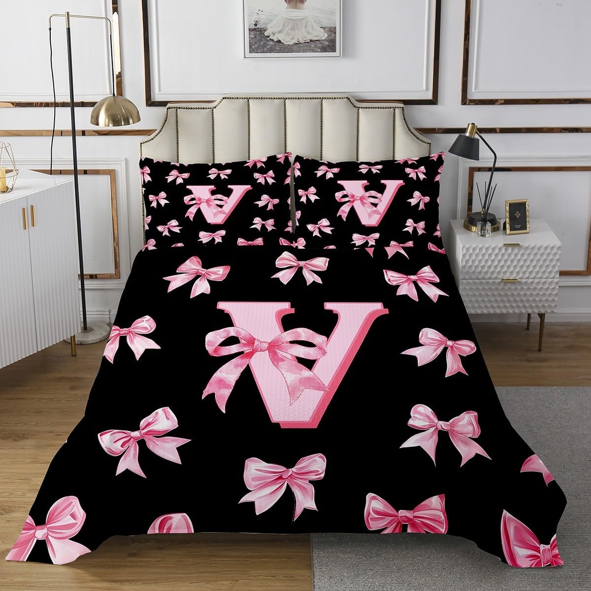 Erosebridal Cute Pink Bow Kids Bedspread Set Twin Size,Personalized Letter S Quilt Sets for Girls,Initial S Coquette Bow Coverlet Sets Preppy Monogrammed Bowknot Bed Set 2 Pcs