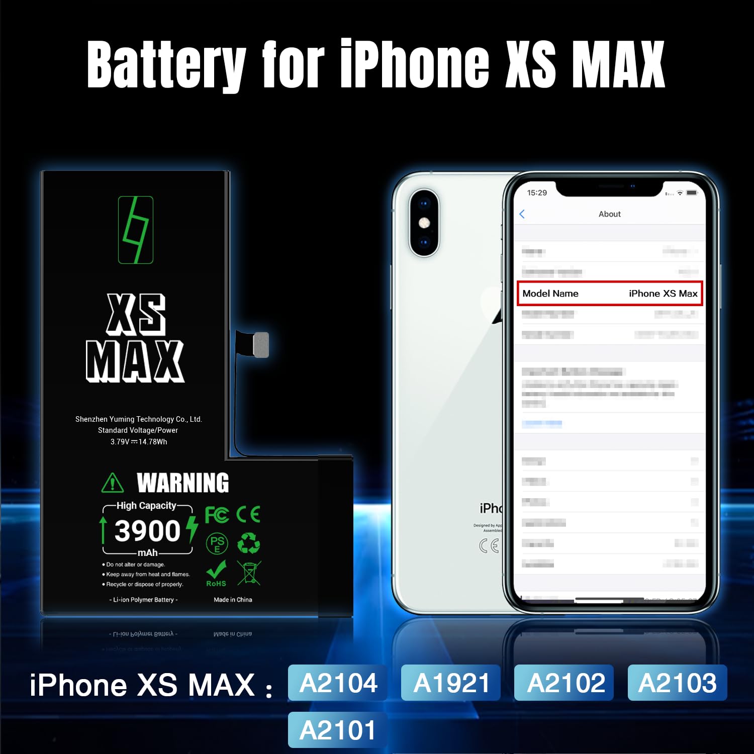 GOLDWANGWANG Batteria per iPhone XS Max, 3900mAh Alta Capacità, Compatibile con A1921 A2101 A2102 A2103 A2104, 0 Cicli, Kit di Riparazione Completo, Certificato CE/RoHS/FCC