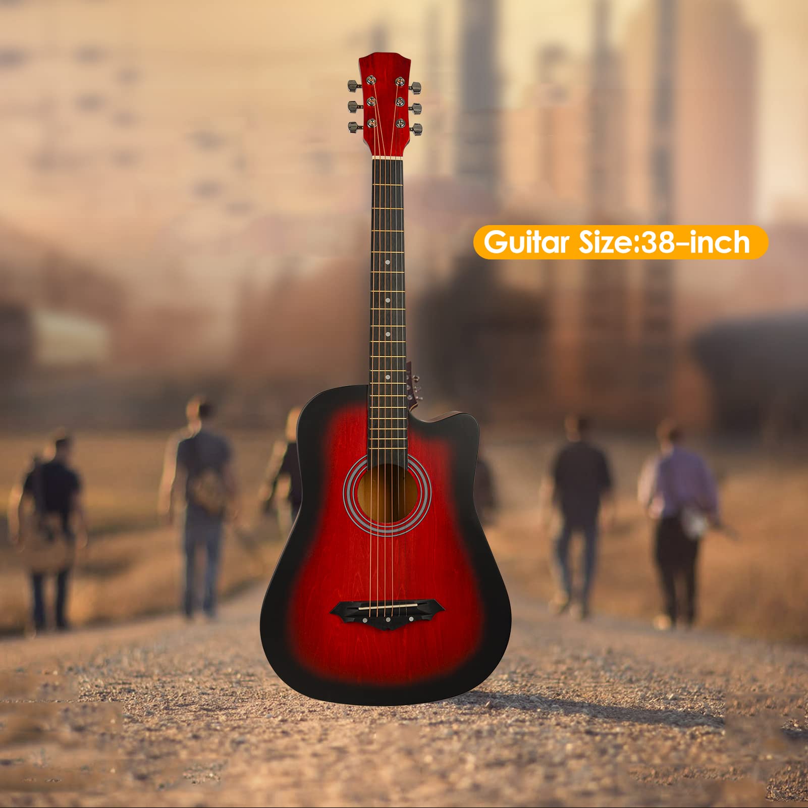Gitara akustyczna, HUIOP gitara akustyczna w przekroju gitara ludowa 38 cali, ręcznie tarte drewno lipowe z celuloidowym podkładem, uchwyt na kostkę, deska ochronna, pasek, tuner, kapodastra