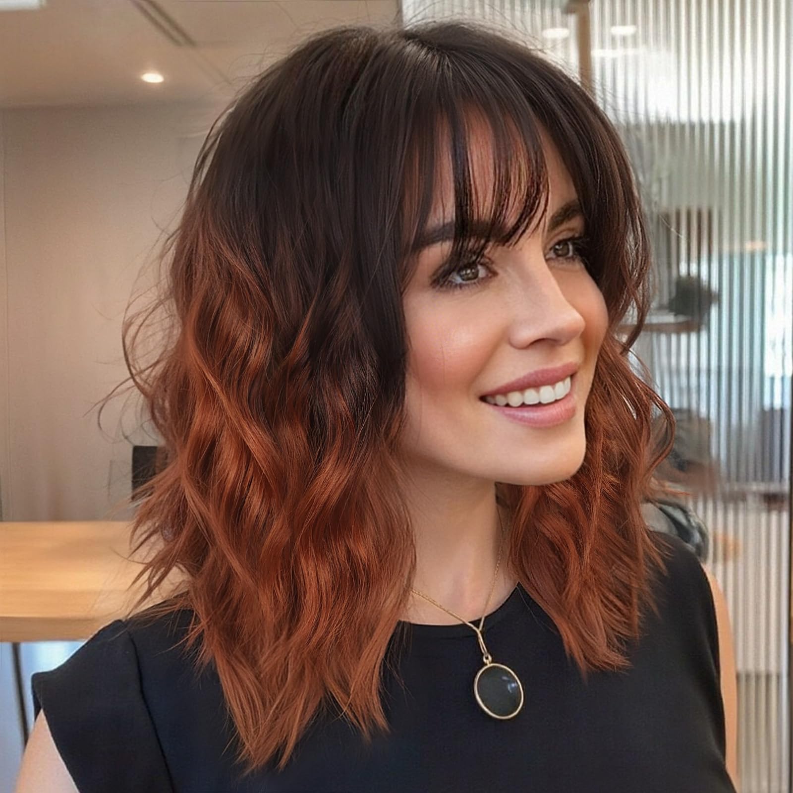 Nnzes Ombre Auburn Wig with Bangs for Women Shoulder Length Brown Bob Wavy Charming Synthetic Wigs with Natural Curly Heat Resistant Hair for Daily