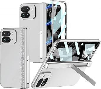 Case for Google Pixel 9 Pro Fold with Hidden Kickstand & Built-in Screen Protector and Magnetic Hinge Protective, Slim Shockproof Anti-Scratch Protective Cover for Pixel 9 Pro Fold Silver