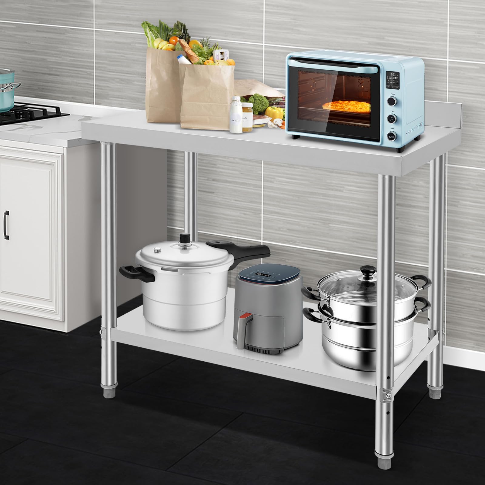 Tavolo da lavoro in acciaio inox a 2 ripiani, robusto con scomparto regolabile, portata 500 kg, per cucina, ristorante, bar e magazzino