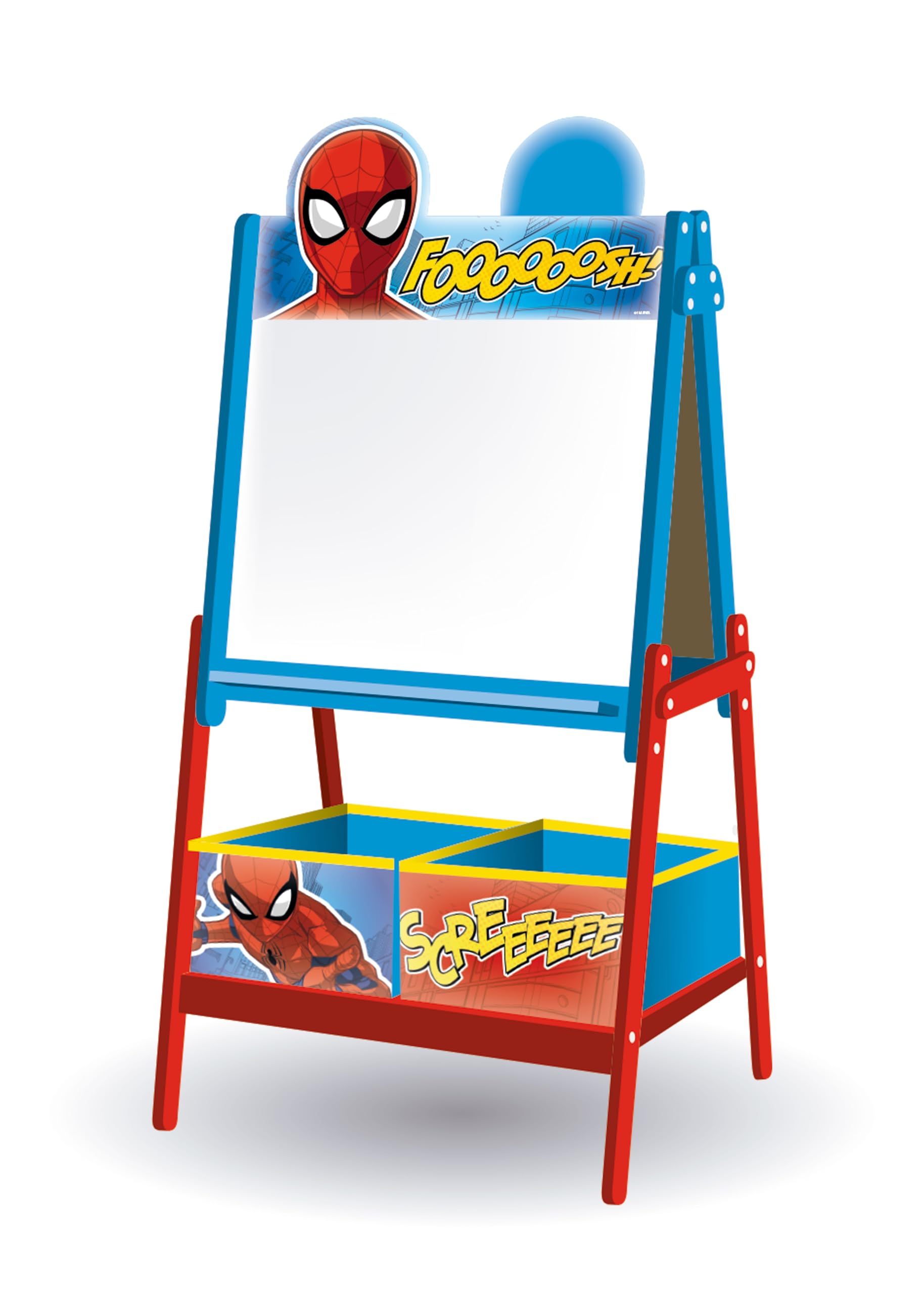 ARDITEX - Pizarra infantil de Marvel Spiderman con doble superficie para uso de tiza y rotulador y 2 contenedores textiles para almacenaje - 54x45x117cm - Contenedores de 24x30x15cm - Rojo y azul