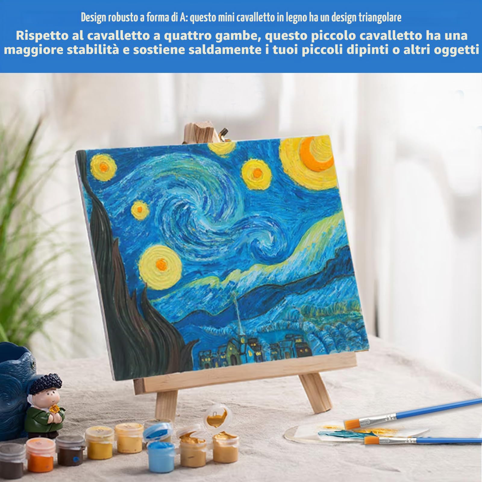 6 PzTela per Dipingeres, Mini Tele per Dipingere Cotone, Arte Tele da Dipingere Tavola Tela Bianca 10 x 10 cm Pittura su Tela per Olio ed Acrilico + 6 Cavalletto in Legno,4 Pennelli,2 Set di Colori