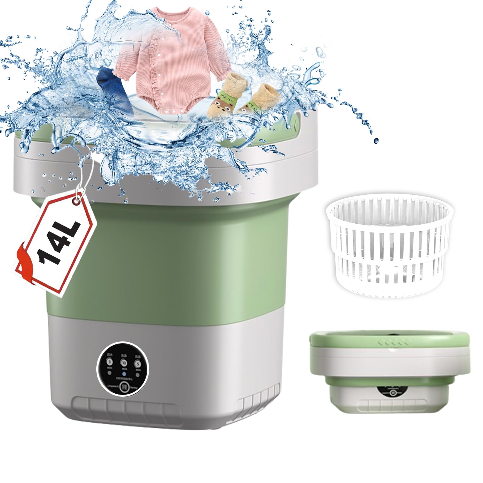 Lavatrice portatile, mini lavatrice pieghevole da 18 litri con cestello girevole, lavatrice compatta e asciugatrice con 3 modalità di pulizia per biancheria intima, calze, viaggi, appartamento (verde)