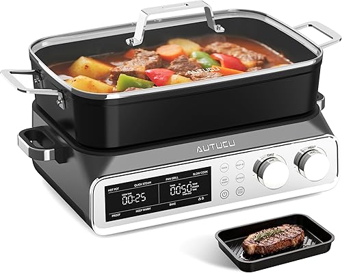 N21NA Pro - Olla de cocción lenta de 10 cuartos de galón, revestimiento de cerámica sin PFOA, multicocina 8 en 1 con bandeja para parrilla, placa de