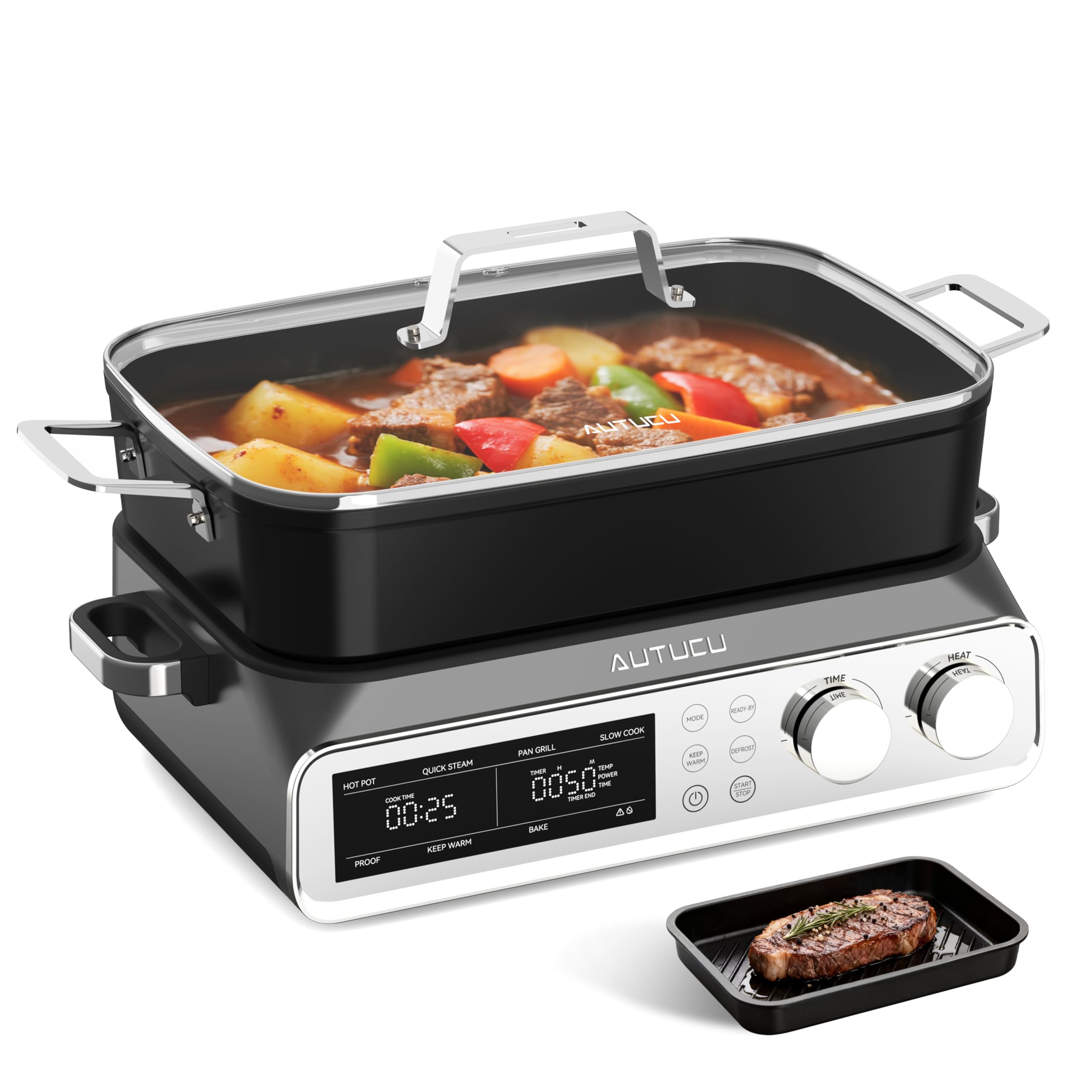 N21NA Pro Slow Cooker 10 Quart 8-in-1 Programmable PFOA-Free Ceramic Coated Multi-Cooker with Grill Pan Steaming Plate Includes