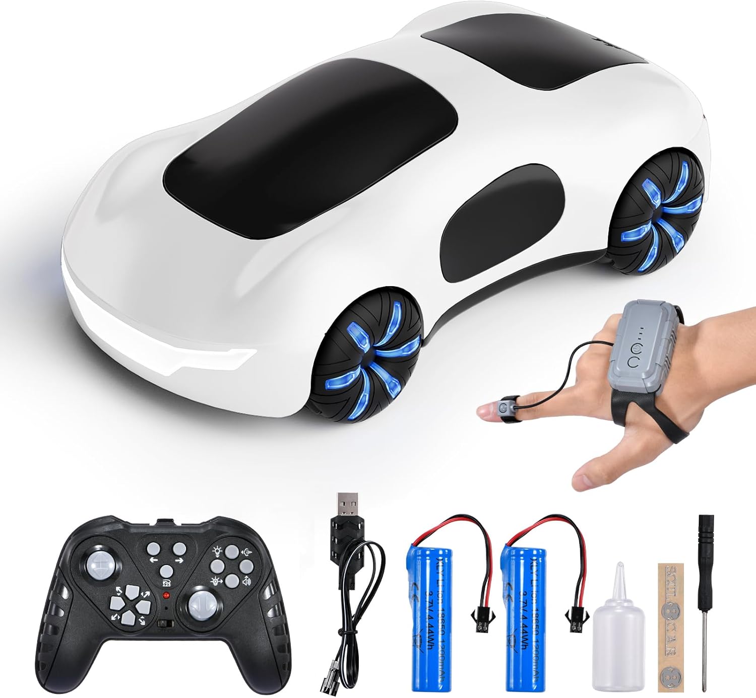 Remote Control Car, Gesture Sensing RC Sunt Car, 2.4GHz RC Drift Cars with Spray Light and Sound, 360° Rotating Side Drifting RC Cars with 2 Batteries, Birthday Gifts (White)